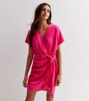 Cameo Rose Bright Pink Satin Mini Wrap Dress